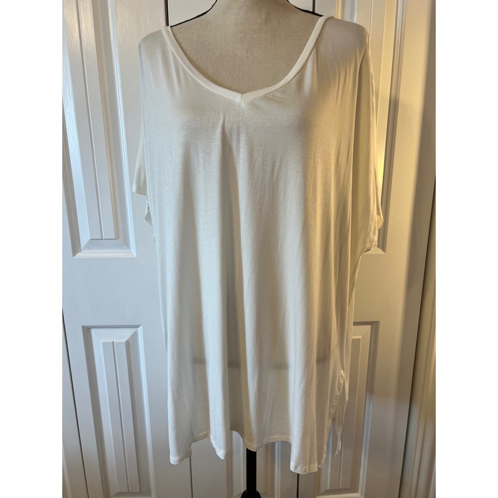A.gain Womens White V-Neck Oversized Tunic Top Rayon Spandex Made in USA 2XL